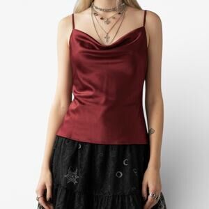 Burgundy Whimsigoth Romantic Silky Cowl Neck Strappy Cami Top Sz S